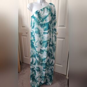 Aura One Shoulder Palm Leaf Maxi with side slit size Small